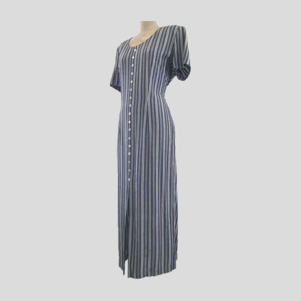 Vintage 90s All That Jazz Blue Striped Short Sleeve Midi Pencil Dress - M